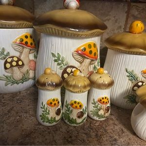 Vintage Merry Mushroom canister set with salt and pepper shakers, napkin holder